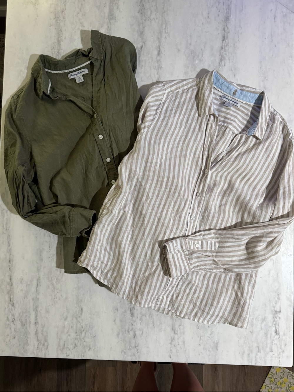 Set of 2 Tommy Bahama Light Stripe Linen Button-Up & Olive Linen Shirts size L